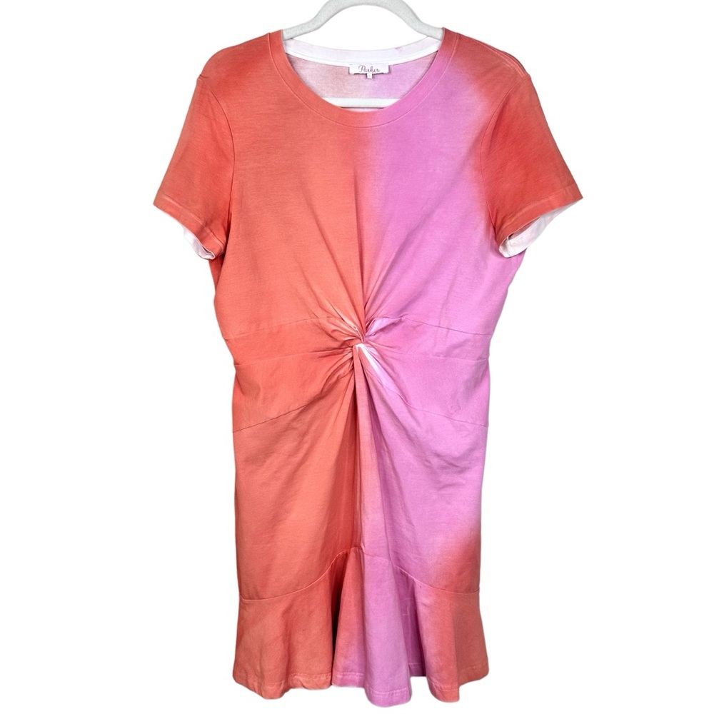 Parker Rae Dress Ombré Twist Front Tee Large Coral & Pink Ruffle - Picture 6 of 13